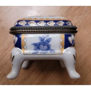 Portugese Porcelain Trinket or Pill Box with Legs and Brass (?) hinge, vintage